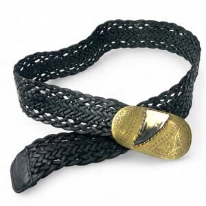 VINTAGE 90's CHICO's braided leather belt Statement medallion buckle Horn Brass